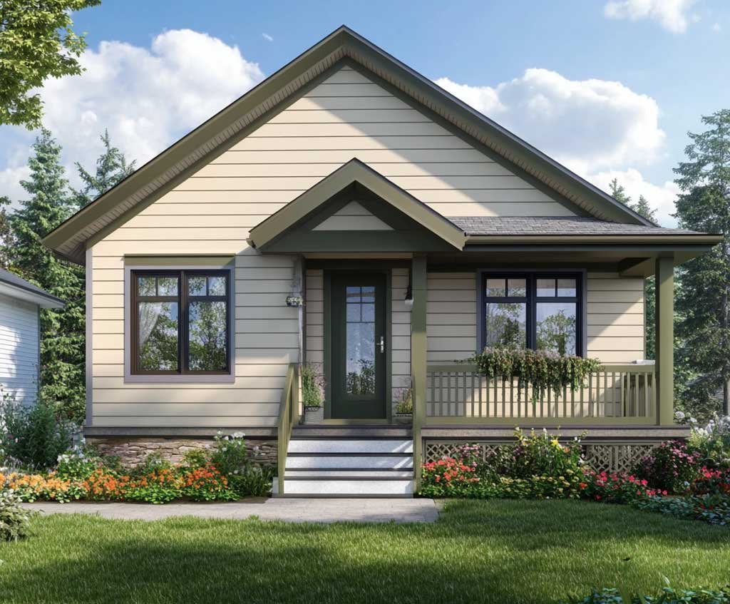 Elegant Exterior House Paint Design In Cream and Olive Tones